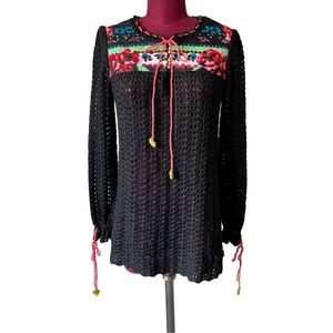 Free People black crochet sweater floral rose quilted print Size L